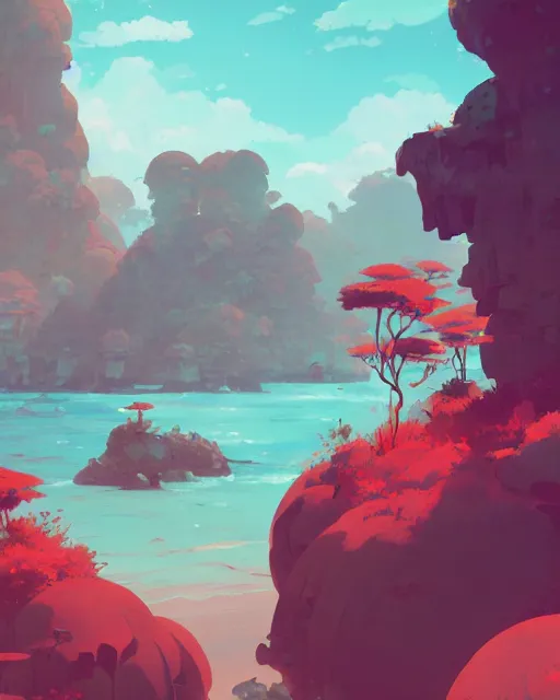 Image similar to an archipelago with strange rock formations, lush vegetation, turquoise water, cory loftis, james gilleard, atey ghailan, makoto shinkai, goro fujita, studio ghibli, rim light, exquisite lighting, clear focus, very coherent, plain background, soft painting