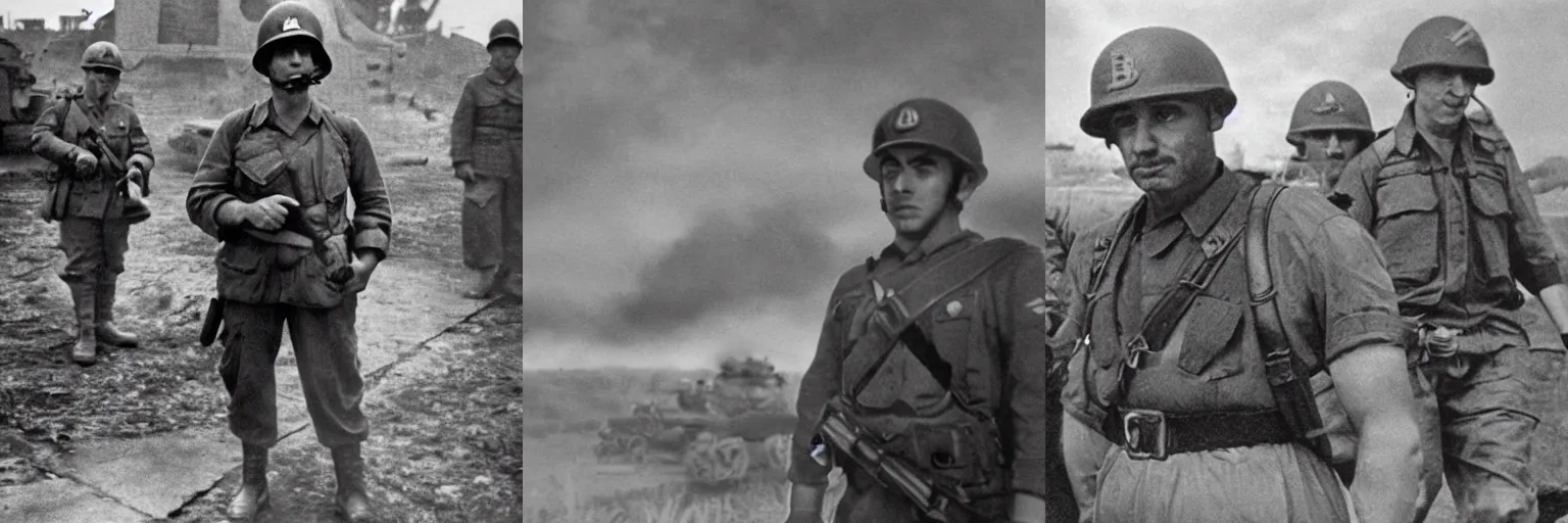Image similar to Super Mario at World War 2 battlefield, old grainy BW photo
