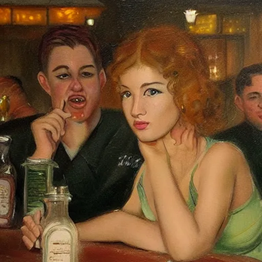 Prompt: a painting of a female drunk in a bar. by randolph hewton and edward robert hughes. trending on artstation, highly detailed, volumetric lightning, cinematic lightning