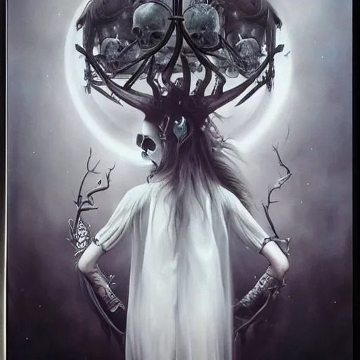 Prompt: By Tom Bagshaw, ultra realist soft painting of a skull carnival by night, very beautiful horned single female in long gothic dress transparent glass sphere, symmetry accurate features, very intricate details, omnious sky, black and white, volumetric light clouds