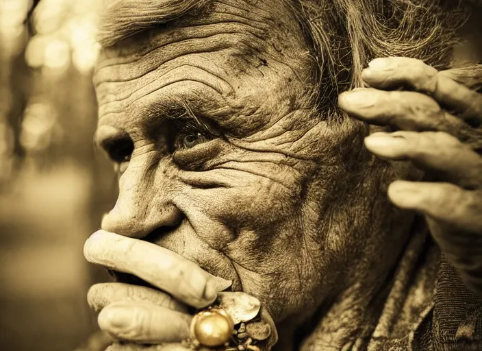 Image similar to old retro burnt out sepia photograph with scratches of an old and wrinkled man biting into a golden coin with his teeth. magical forest in the background with bokeh. Antique. High quality 8k. Intricate. Sony a7r iv 35mm. Award winning.