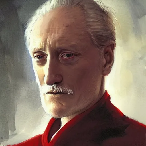 Image similar to portrait of a man by greg rutkowski, he looks like charles dance, star wars expanded universe, he is about 7 0 years old, wearing white and red chancellor clothes of the galactic triunvirate.