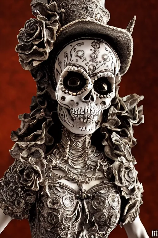 Prompt: full view of an intricate and detailed La Catrina statue made on polished bronze with scars sculpted by Bernini and Nicola Samori, style of Maxfield Parrish and Bastien Lecouffe-Deharme, ultra realistic, volumetric light