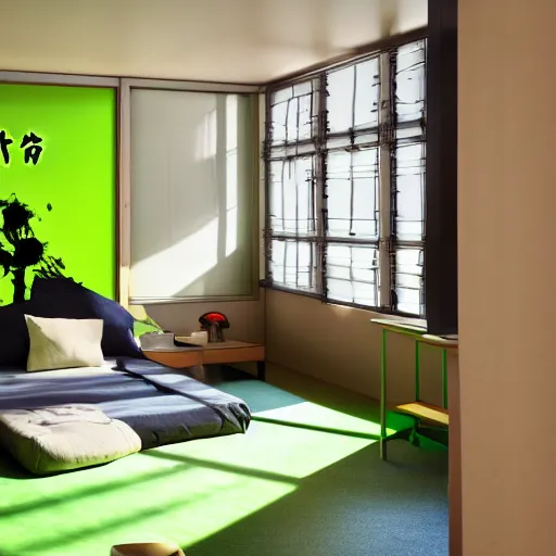 Prompt: small room in tokyo, window open, dawn, hiccup sitting at computer, green glow on monitor's face, walls covered with anime posters, lots of appliances on shelves, small bed not made, hyper realism, photo realism, hyper details, soft light, soft shadows, blurred photo