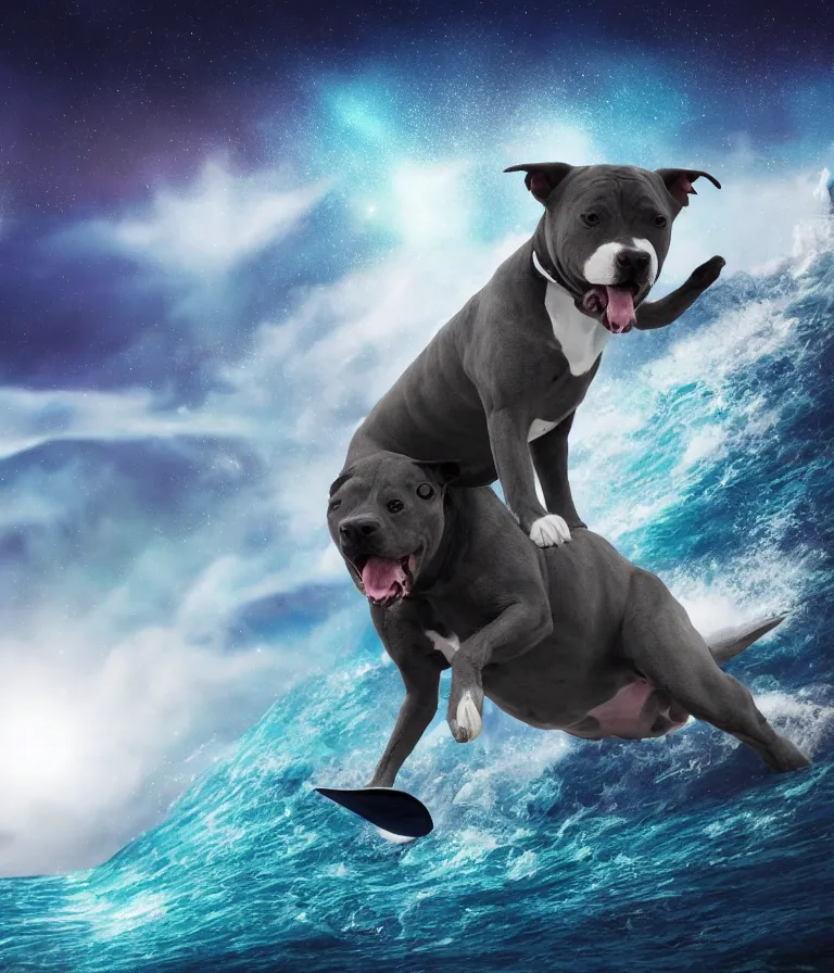 Image similar to photo of a dark gray coat pit bull with a white paws and a white nose!, surfing on a surfboard in a crashing wave of alien galaxy, trending on art station, ocean in space, background is an alien galaxy, aliens in the background, alien colors, octane render, unreal engine, wide view, 8 k, highly detailed