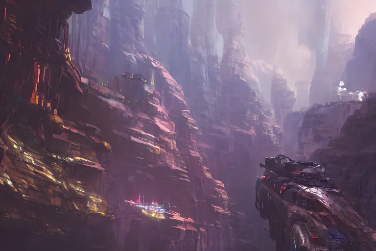 Image similar to a steam locomotive riding through a canyon towards a fortified futuristic city, hyperdetailed, artstation, by Feng Zhu and James Paick, by Ryan Church