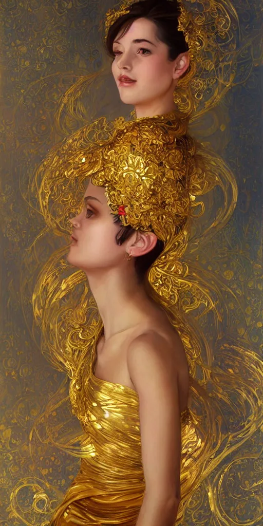 Image similar to ultra realistic illustration studio of a beautiful elegant girl in an artistic pose covered in golden silk cloths, intricate, elegant, highly detailed, digital painting, artstation, concept art, smooth, sharp focus, illustration, art by artgerm and greg rutkowski and alphonse mucha by klimt