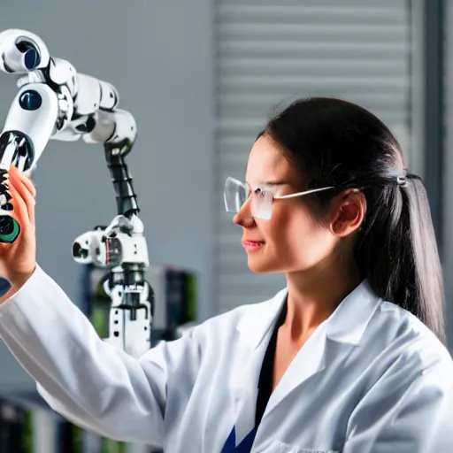 Image similar to a female scientist with a futuristic robotic arm