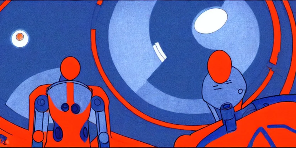 Image similar to blue orange traditional drawn colorful animation a symmetrical portrait of lonely single Alain Delon Stallone Clint Eastwood alone pilot in posing in spaceship station planet captain bridge outer worlds robots extraterrestrial hyper contrast well drawn Metal Hurlant Pilote and Pif in Jean Henri Gaston Giraud animation film The Masters of Time FANTASTIC PLANET La planète sauvage animation by René Laloux