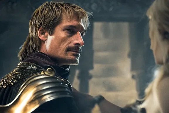 Image similar to very very intricate photorealistic photo of jaime lannister defeating cersei, photo is in focus with detailed atmospheric lighting, award - winning details