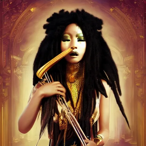 Image similar to the portrait, masked swahili female violinist, exotic costumes, gold jewelry, black dreads hair ， illustration by wenjun lin, irakli nadar, bright colors, octopath traveler, wenjun lin, unreal engine 5 highly rendered, global illumination, radiant light, detailed and intricate environment