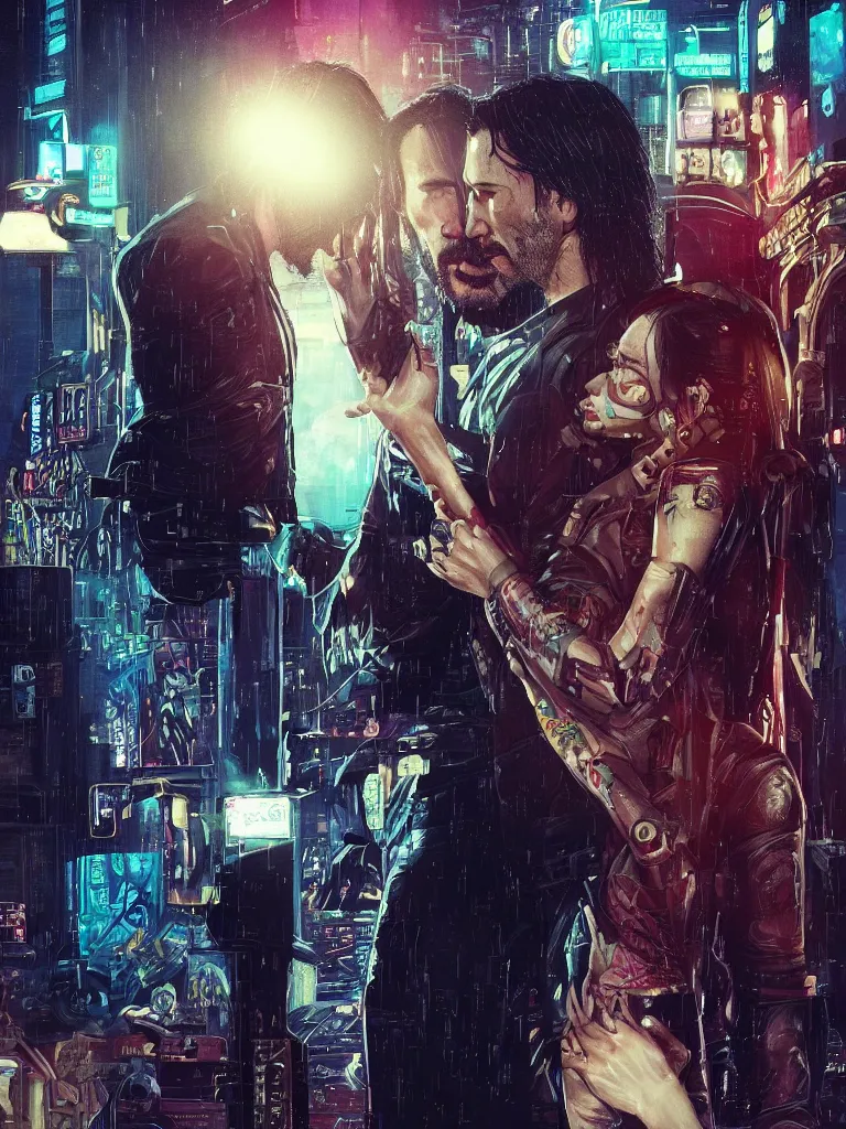 Image similar to a movie srcreenshot couple portrait of Keanu Reeves and V final kiss in cyberpunk 2077,love,film lighting,by Laurie Greasley,Lawrence Alma-Tadema,Andrei Riabovitchev,Dan Mumford,John Wick,Speed,Replicas,artstation,deviantart,FAN ART,full of color,Digital painting,face enhance,highly detailed,8K,octane,golden ratio,cinematic lighting