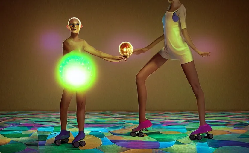 Image similar to “a roller skating diva with a disco ball head, by Vladimir kush, by Laurie Lipton, rendered in octane, volumetric lighting, retro color scheme”