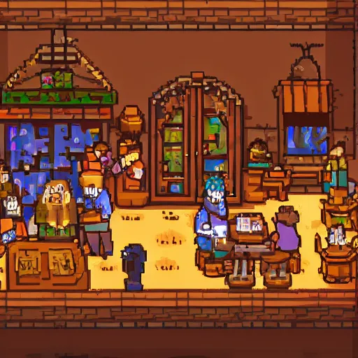 Image similar to A warm lit tavern filled with adventurers, pixel art, detailed