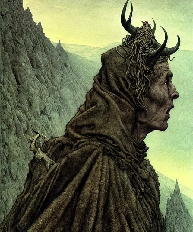 Image similar to A detailed horned crocodileman stands among the hills. Wearing a ripped mantle, robe. Perfect faces, extremely high details, realistic, fantasy art, solo, masterpiece, art by Zdzisław Beksiński, Arthur Rackham, Dariusz Zawadzki