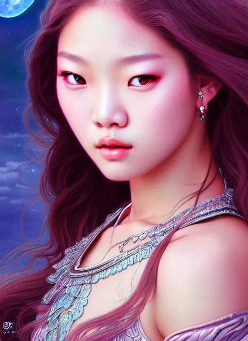 Image similar to jennie of blackpink, goddess of the moon, highly detailed, digital painting, smooth, sharp focus, illustration, ultra realistic, unreal engine, 8 k, art by artgerm and alphonse mucha