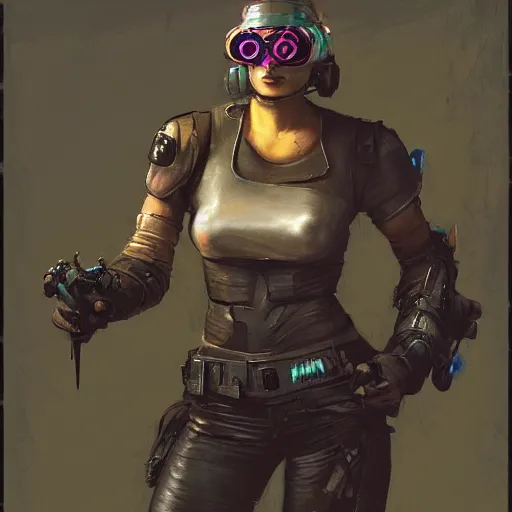 Prompt: decker from shadowrun machinist tech priest berserker assassin wearing goggles and electrified body armor concept character design, render by gaston bussiere, craig mullins, vermeer, frank frazetta, trending on artstation, jeffery catherine jones in the style of disco elysium