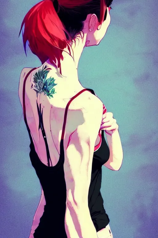 Image similar to a ultradetailed beautiful back painting of a stylish woman, she is wearing a black tank top and jeans, her hair is in a pony tail, by conrad roset, greg rutkowski and makoto shinkai trending on artstation