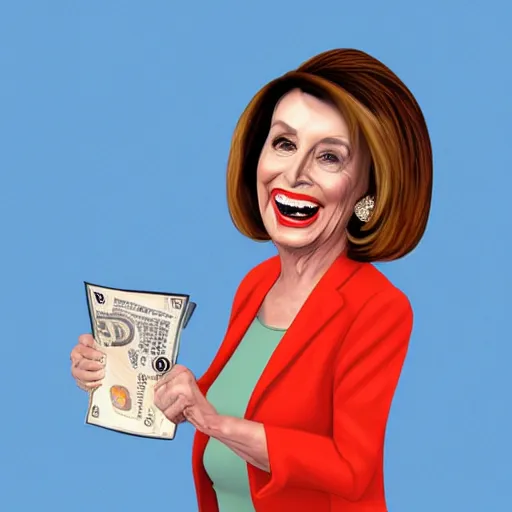 Image similar to nancy pelosi laughing while holding a giant bag filled with money, trending on artstation, detailed illustration
