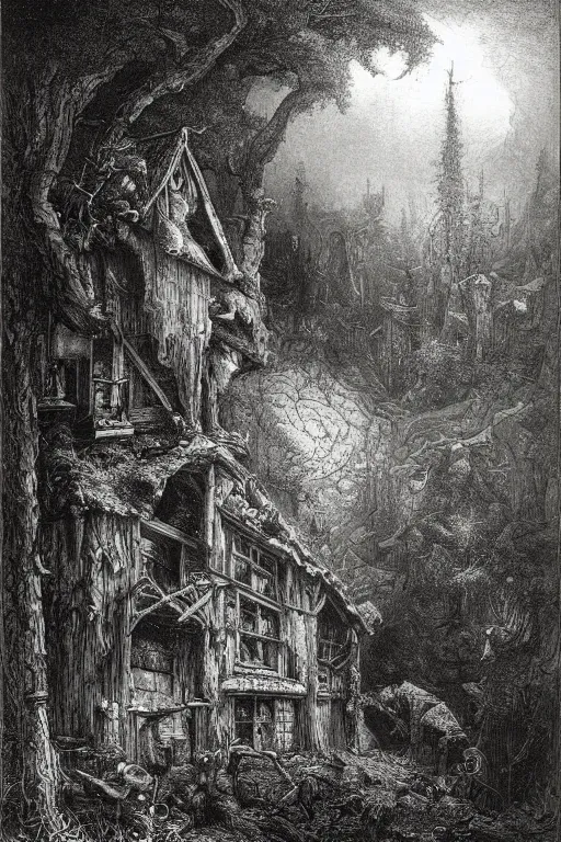 Image similar to a ramshackle multistory fairytale hut in the forest by Gustave Doré