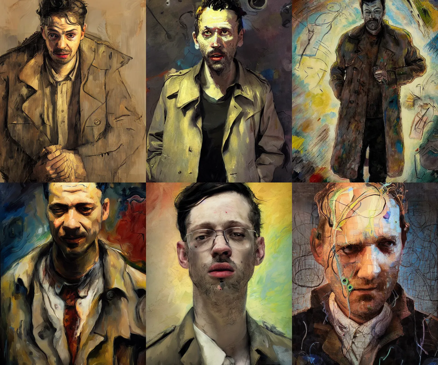 Prompt: portrait of a drunk man in a trench coat, in the style of disco elysium, expressionism, artstation, trending, by aleksander rostov, jenny saville, rembrandt, alex kanevsky, wassily kandinsky, dave mckean, yoshitaka amano