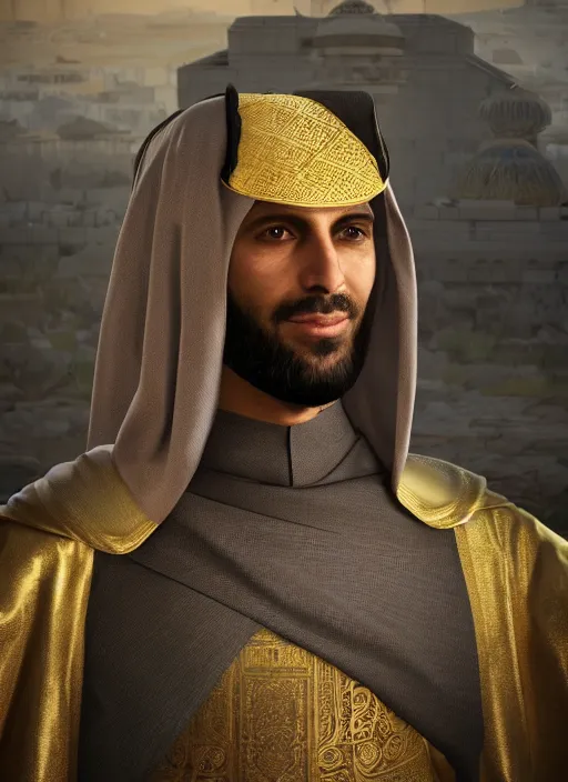 Image similar to portrait of sheikh mohammad ruler of dubai, argonian, head and torso only, cinematic lighting, studio quality, smooth render, unreal engine 5 rendered, octane rendered, art style by klimt and nixeu and ian sprigger and wlop and krenz cushart.