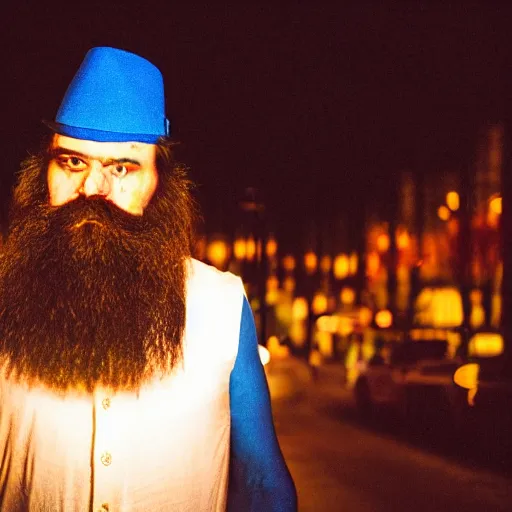 Prompt: man with blue beard, mysterious, dimly lit, dslr photography