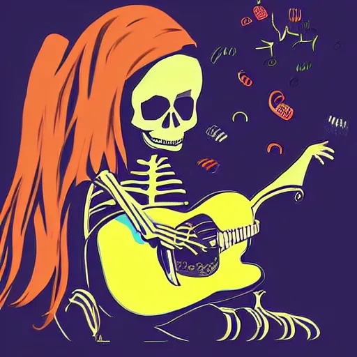 Image similar to skeleton wearing headphones watching girl playing guitar with her black cat standing next to her, digital art