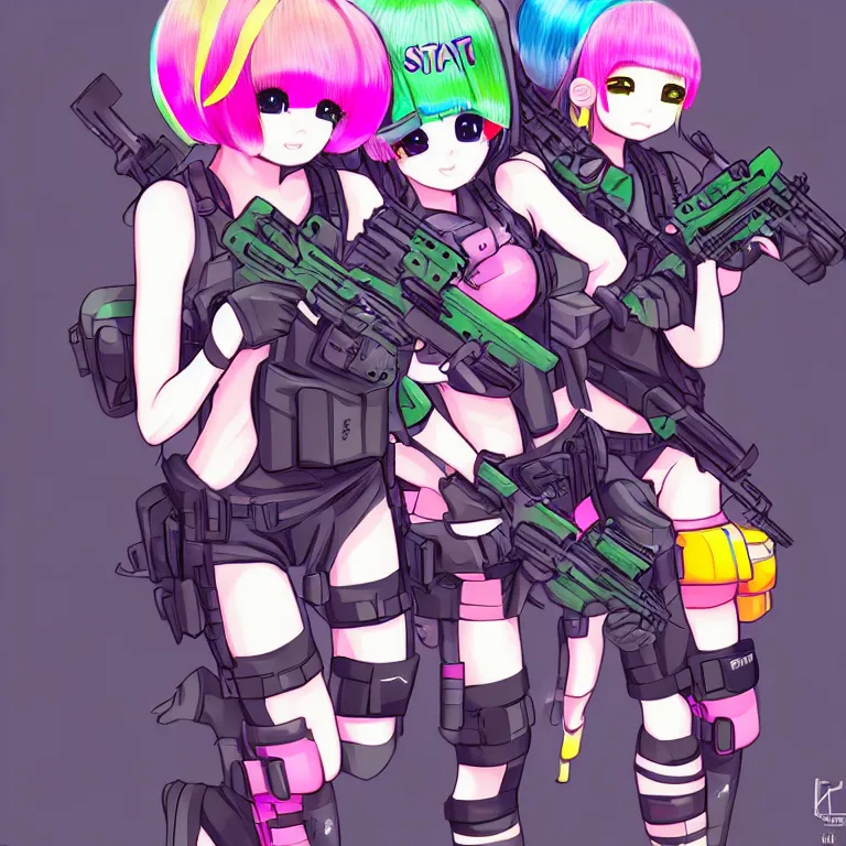 Image similar to kawaii swat team, colorful, fashion, photography, cute, highly detailed, realistic, depth of field