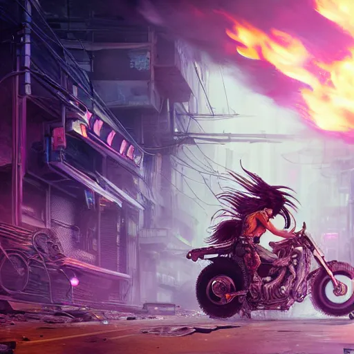Image similar to portrait painting of a street samurai with long purple hair riding a motorcycle through a burning cyberpunk slum, glitchwave, ultra realistic, concept art, intricate details, eerie, highly detailed, photorealistic, octane render, 8 k, unreal engine. art by nivanh chanthara