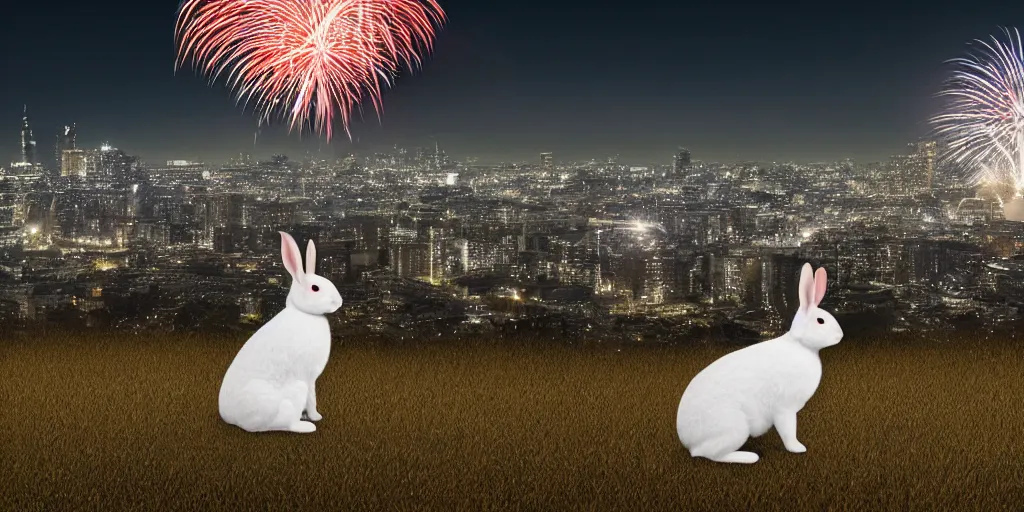 Image similar to a rabbit watching fireworks in the sky, sitting on a hill, city skyline in the background, nighttime, realistic digital art