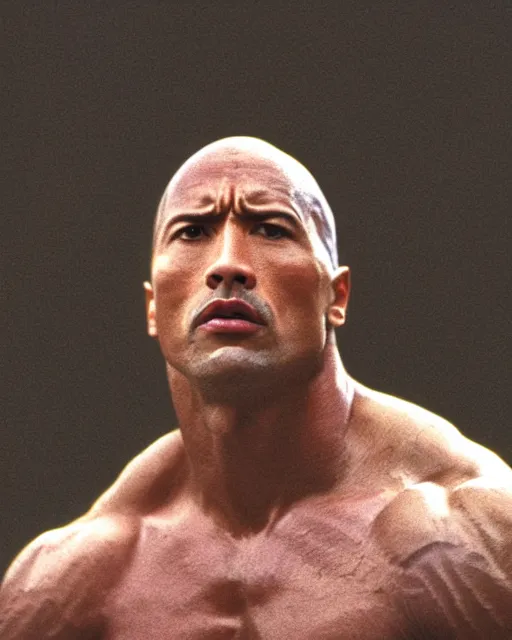 Image similar to Film still close-up shot of Dwayne Johnson as Rocky Balboa from the movie Rocky. Photographic, photography