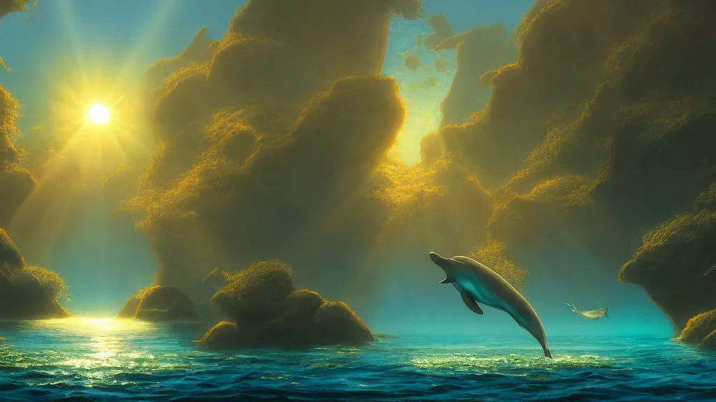 Image similar to underwater, sun rays shining through the water surface, dolphins swimming, peaceful, amazing, by andreas rocha and john howe, and Martin Johnson Heade, featured on artstation, featured on behance, golden ratio, ultrawide angle, f32, well composed