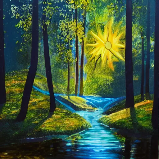 Prompt: forest, sun rays, with a river sparkling acryl painting 4 k