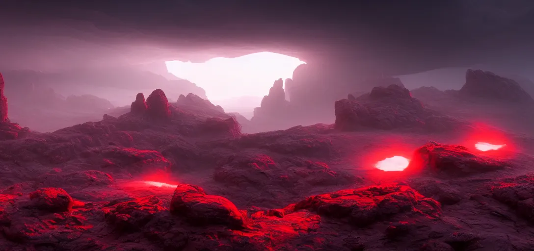 Prompt: dramatic view of empty rocky alien wasteland, mysterious red glowing fog, sharp craggy rocks, glowing ominous clouds,, unreal engine, dramatic lighting, detailed, ambient occlusion, global illumination, god rays, 3 d artstation render by greg rutowski and jessica rossier