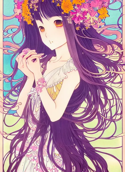 Image similar to exquisite imaginative manga poster art of a girl, long wavy hair, stars, flowers, rococo dress, pearlescent, shimmering, by kojima ayami, shigenori soejima, minaba hideo, alphonse mucha, jump comics, shogakukan, art nouveau, illustration, artstation, highly detailed, 8 k, colorful, maximalist