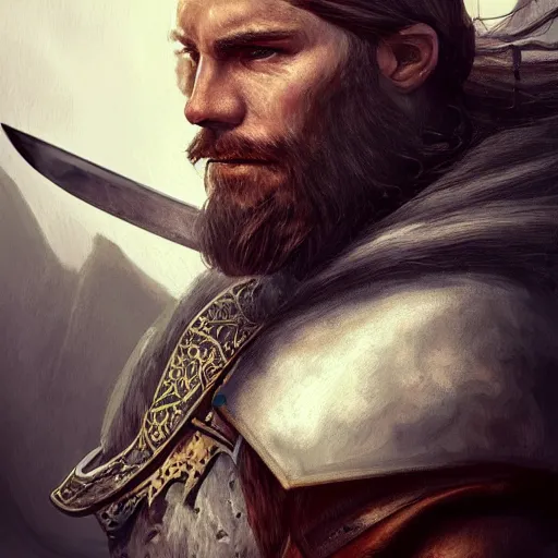 Image similar to hyper realistic portrait of a human fighter folk hero with a talking great sword, focus on face, fantasy, medieval, intricate details, heroic pose, cinematic, tall, trending on artstation, in the style of D&D