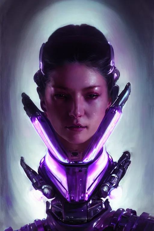 Image similar to extreme close up, facial portrait, woman with a long black ponytail in purple sci - fi armor, kitsune inspired armor, bionic leather armor, small neon lights on armor, cybernetic hands, stoic, grim dark, moody, portrait dnd, painting by gaston bussiere, craig mullins, greg rutkowski, yoji shinkawa