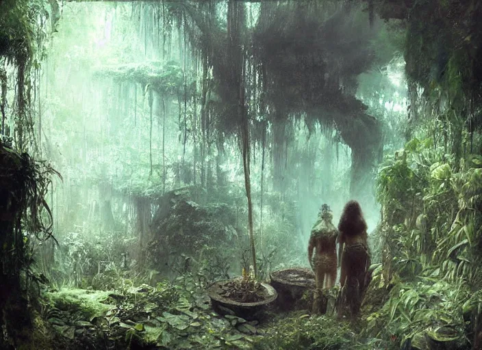 Prompt: interior shot of a lush jungle with two steam punk explorers navigating the harsh terrain, masterpiece, painterly, art by artem demura, emotion, fantasy art,