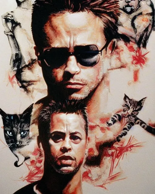Image similar to cat in fight club, cat tyler durden, airbrush, drew struzan illustration art, key art, movie poster