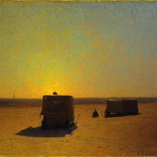 Prompt: timbuktu, by henry ossawa tanner, caravan, at sunrise