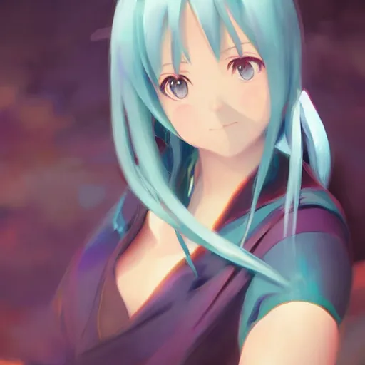 Image similar to aqua from konosuba, painting, cool color palette, refreshing, soft lighting, by hayao myazaki, by wlop