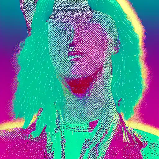 Prompt: Karen O of the Yeah Yeah Yeahs. Zoomed out full body. Glitch effect. Pixel glitch. Chromatic Aberration. data moshing glitch art. 4k.