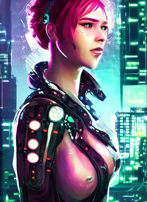 Image similar to Cyber Punk 2077 woman very beautiful robot portrait, Detroit game style, woman wrapped in flowers lily