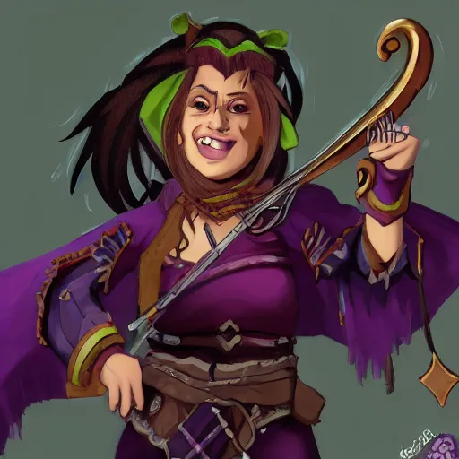 Image similar to liza minlelli daydreams about her dungeons and dragons character, a half orc bard who looks like her