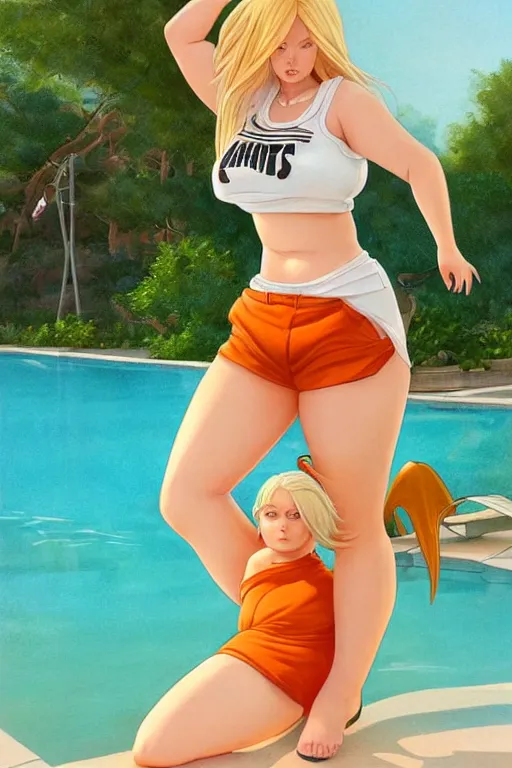 Image similar to a beautiful chubby woman with very long hip-length blonde hair, wearing a cut-off white top and short light orange cut-off shorts, stands by a swimming pool, in the style of artgerm and moebius and annie liebovitz, photorealistic, highly detailed, trending on artstation