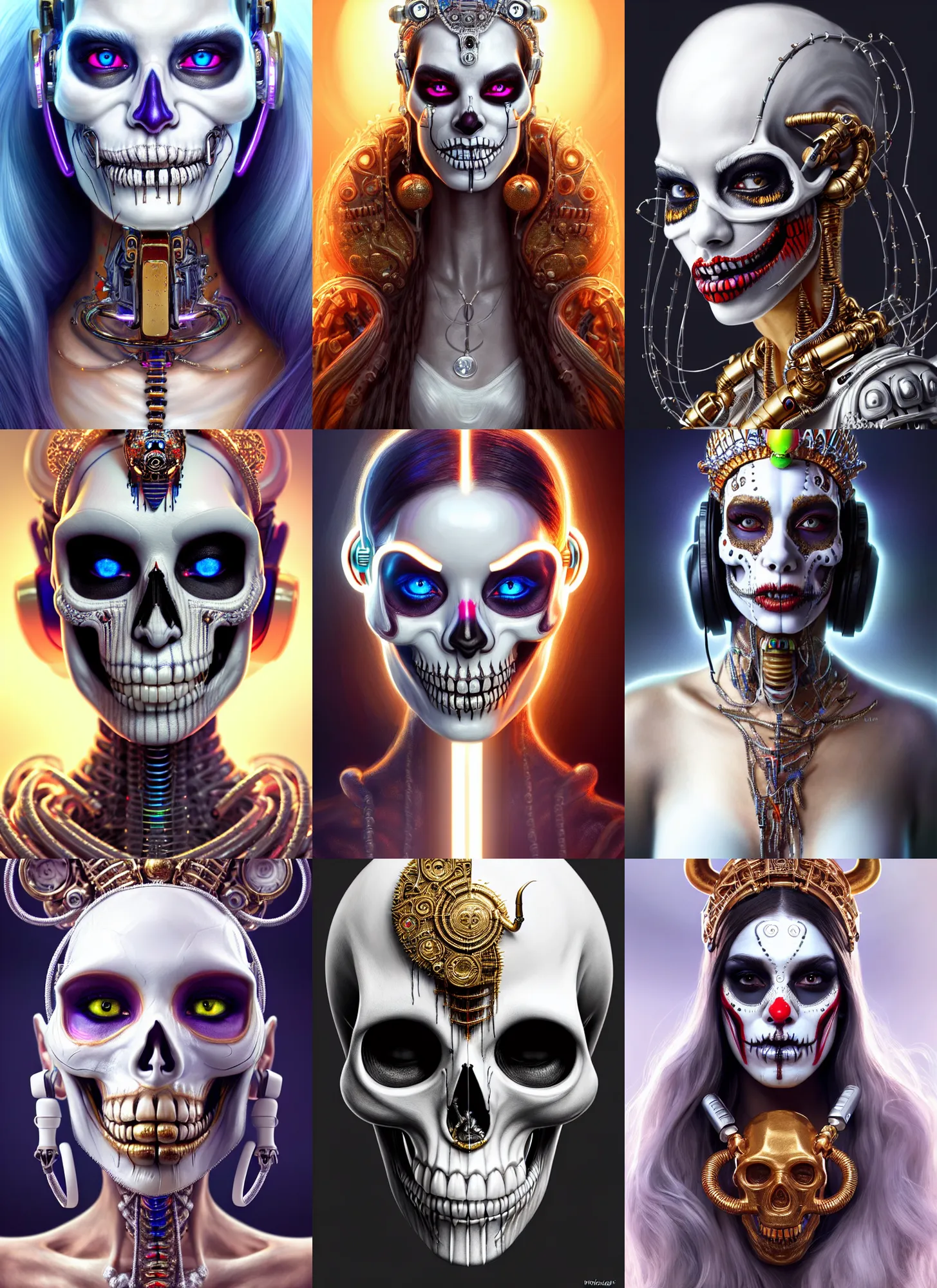 Prompt: bright white polished skull clowncore cyborg : : disney weta portrait, soft mayan queen devil madison beer, bling earbuds, hi - fructose, sci - fi fantasy intricate decadent highly - detailed digital painting, golden ratio, octane render, artstation, concept art, smooth, sharp focus, illustration, artgerm, mucha, loish, wlop