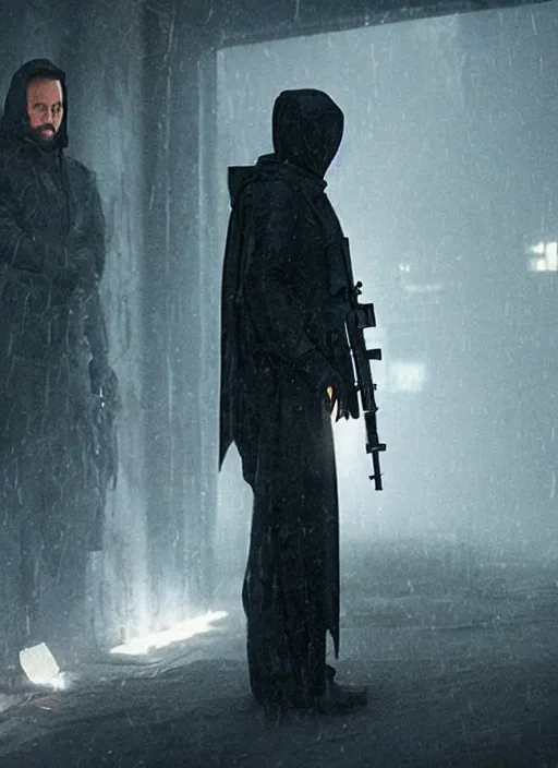 Image similar to dark figure wearing black robe tactical carrying AR-15 hooded polished gold skull cyberpunk 2077 bladerunner 2049 movie still (2017) Wayne Barlowe and Greg Rutkowski