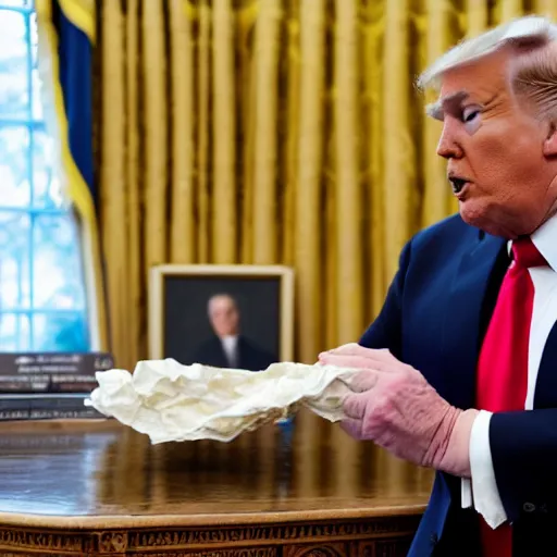 Prompt: candid portrait photo of president trump eating crumpled up wads of paper, oval office backlit