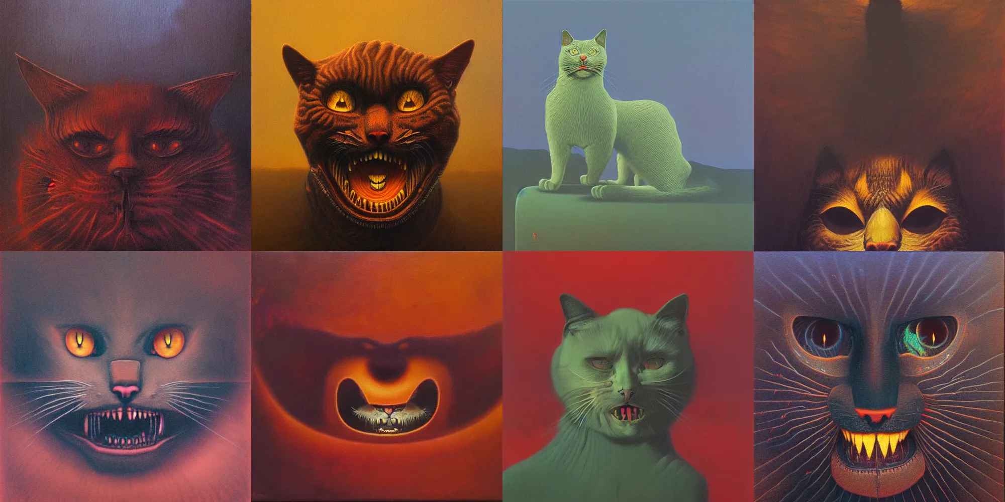 Prompt: grinning evil cat, HD, in style of beksinski, film grain, medium format, 8k resolution, oil on canvas